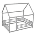 Full Size Floor Wooden Bed With House Roof Frame, Fence Guardrails ,Grey Full Grey Pine
