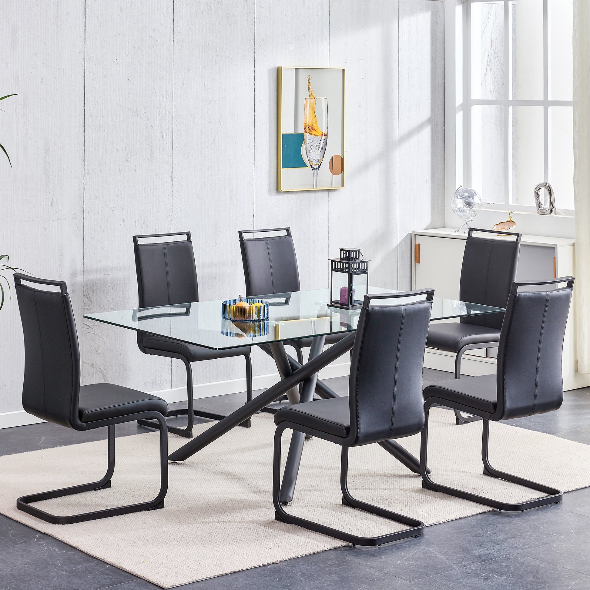 Large Modern Minimalist Rectangular Glass Dining Table For 6 8 With 0.39" Tempered Glass Tabletop And Black Color Metal Legs, For Kitchen Dining Living Meeting Room Banquet Hall,71" W X 39" D X 301537 Black Glass