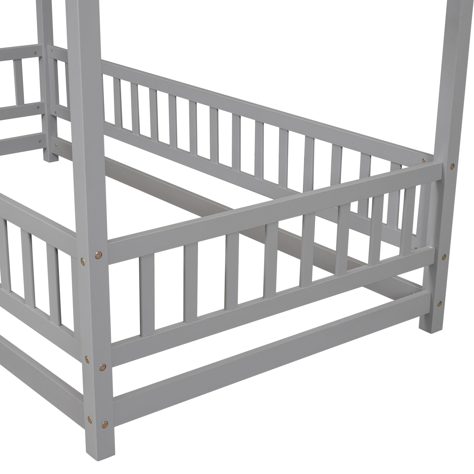 Twin Size Floor Wooden Bed With House Roof Frame, Fence Guardrails,Grey Old Sku:W1791106614 Twin Grey Pine