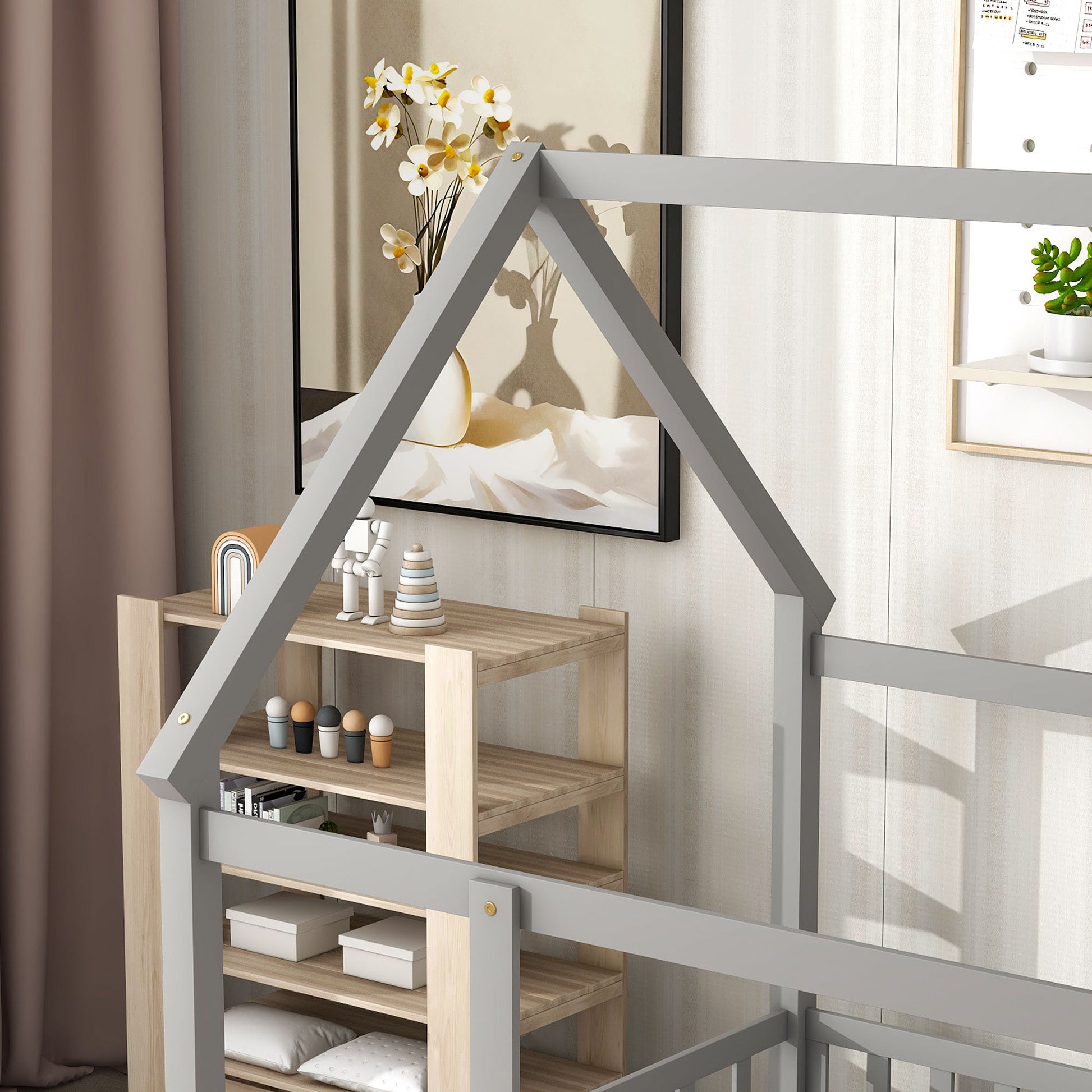 Full Size Floor Wooden Bed With House Roof Frame, Fence Guardrails ,Grey Full Grey Pine