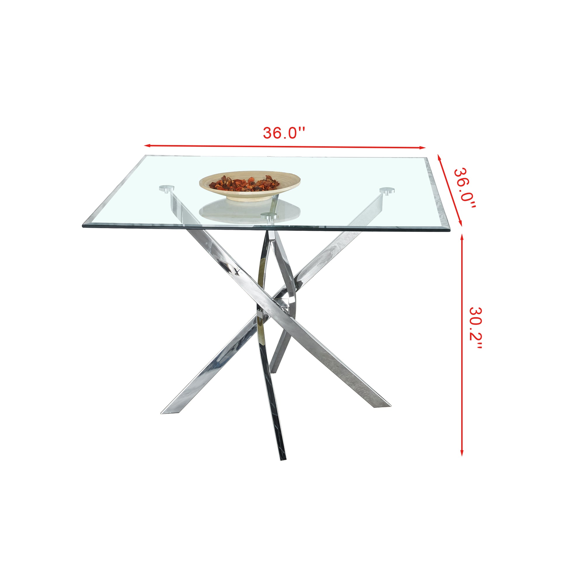 Contemporary Square Clear Dining Tempered Glass Table With Silver Finish Stainless Steel Legs Silver Tempered Glass