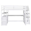 Full Size Loft Bed With Desk And Shelves, Two Built In Drawers, Storage Staircase, White White Pine