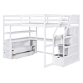 Full Size Loft Bed With Desk And Shelves, Two Built In Drawers, Storage Staircase, White White Pine