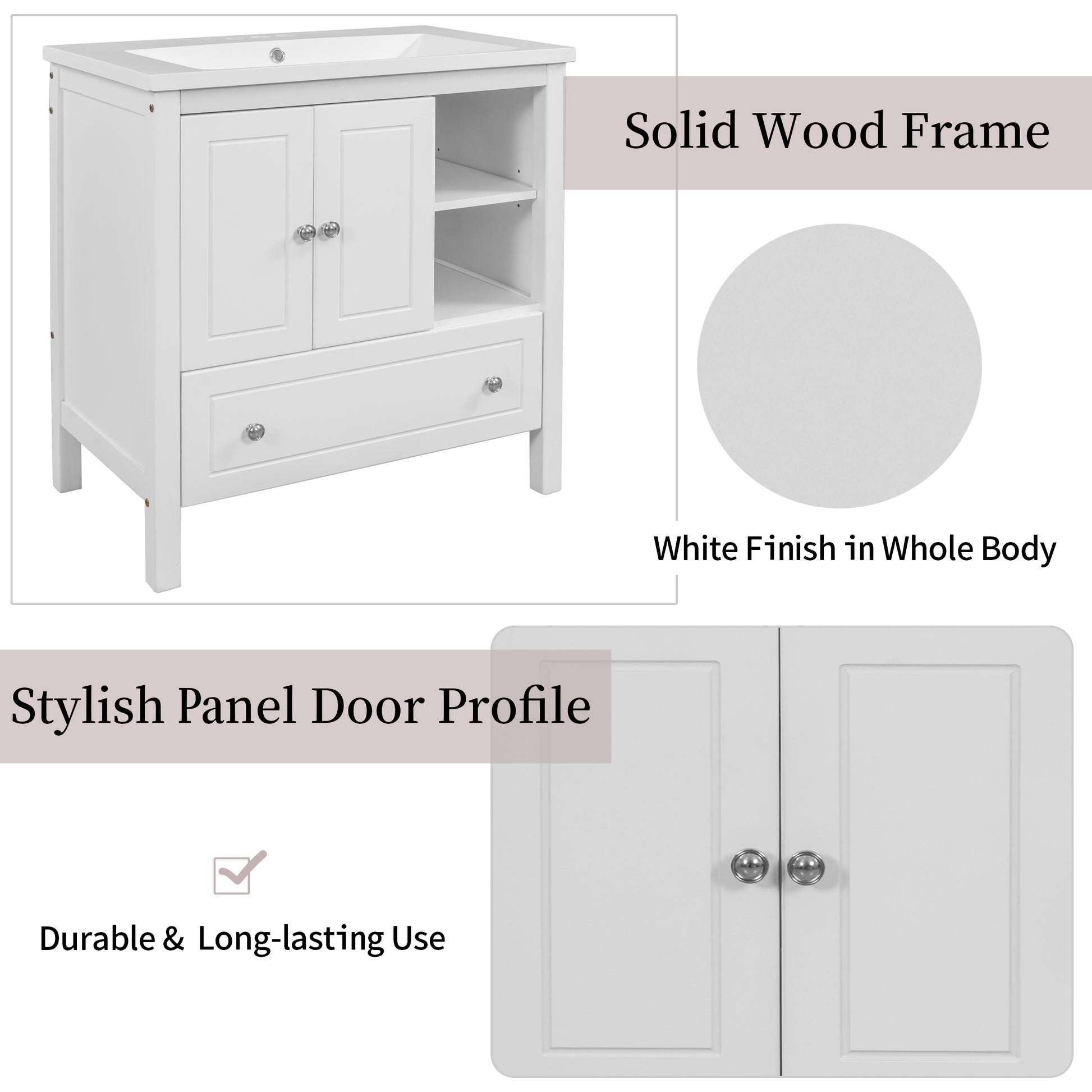 Video 30" Bathroom Vanity With Sink, Bathroom Storage Cabinet With Doors And Drawers, Solid Wood Frame, Ceramic Sink, White Old Sku:Jl000002Aak White Solid Wood