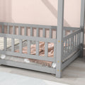 Twin Size Floor Wooden Bed With House Roof Frame, Fence Guardrails,Grey Old Sku:W1791106614 Twin Grey Pine