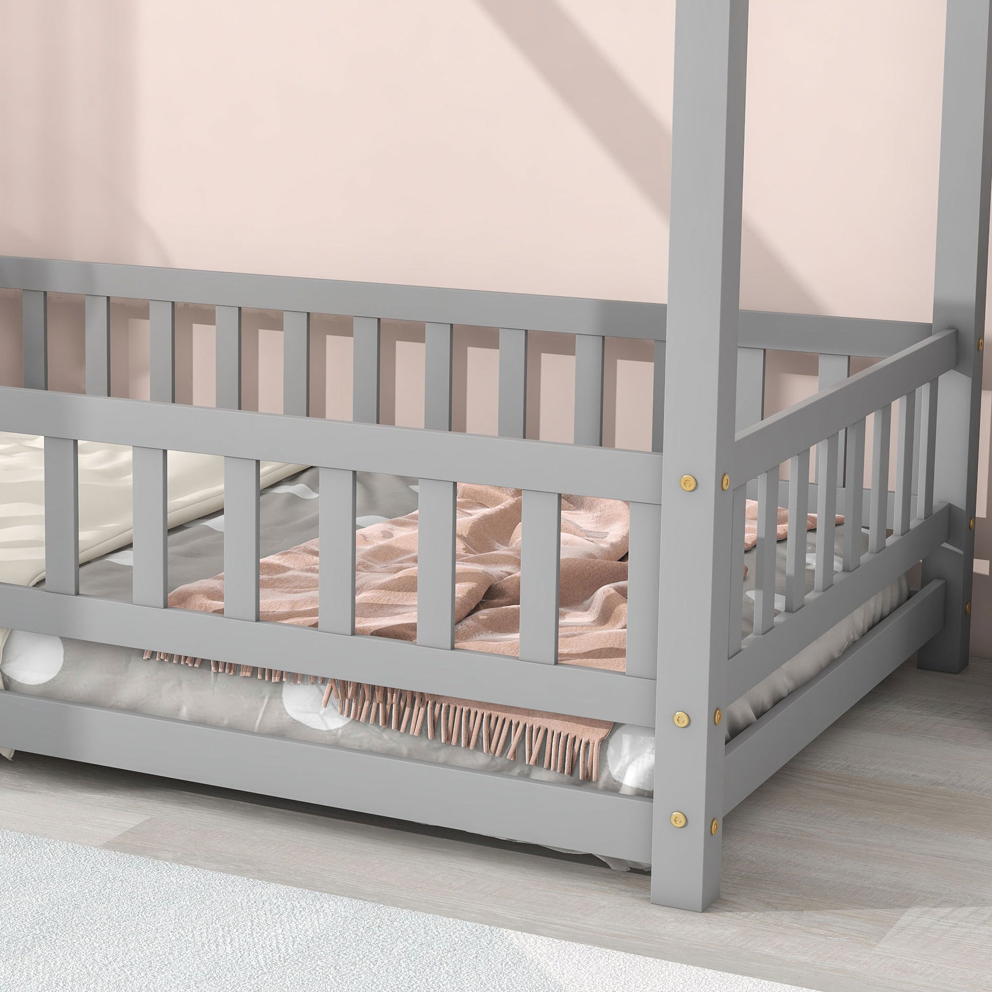 Twin Size Floor Wooden Bed With House Roof Frame, Fence Guardrails,Grey Old Sku:W1791106614 Twin Grey Pine