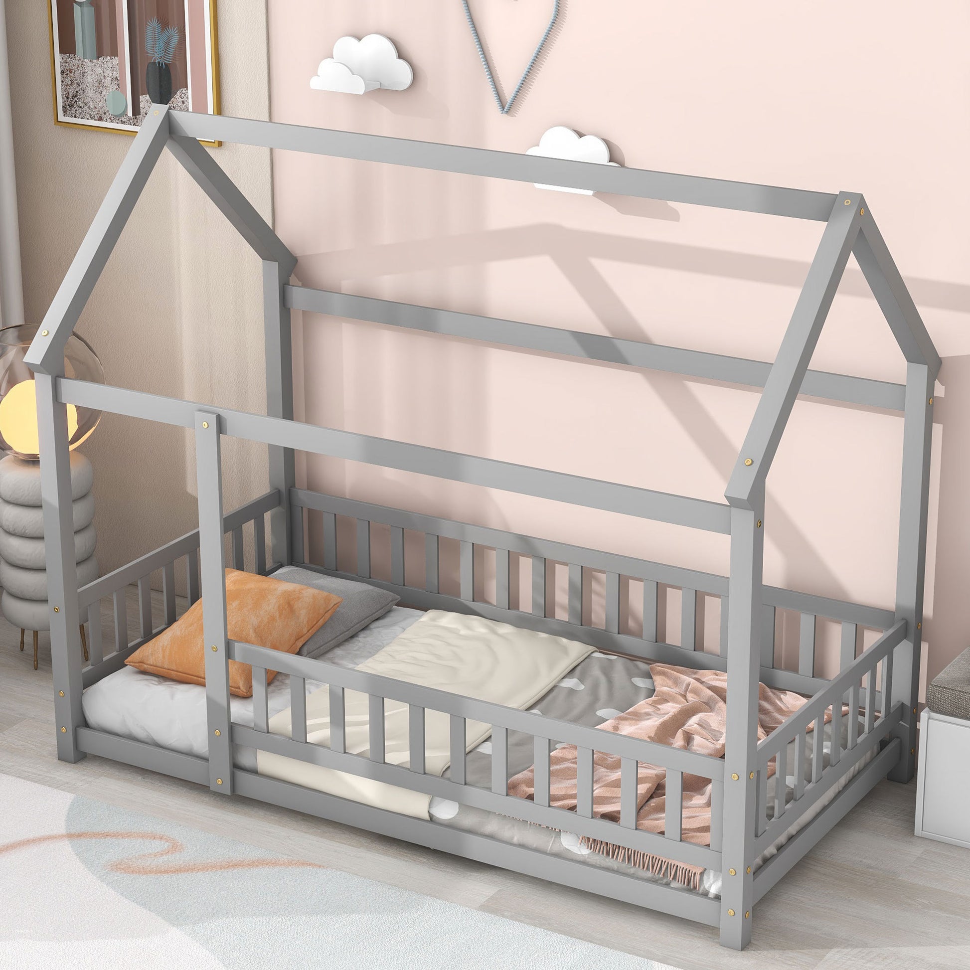 Twin Size Floor Wooden Bed With House Roof Frame, Fence Guardrails,Grey Old Sku:W1791106614 Twin Grey Pine