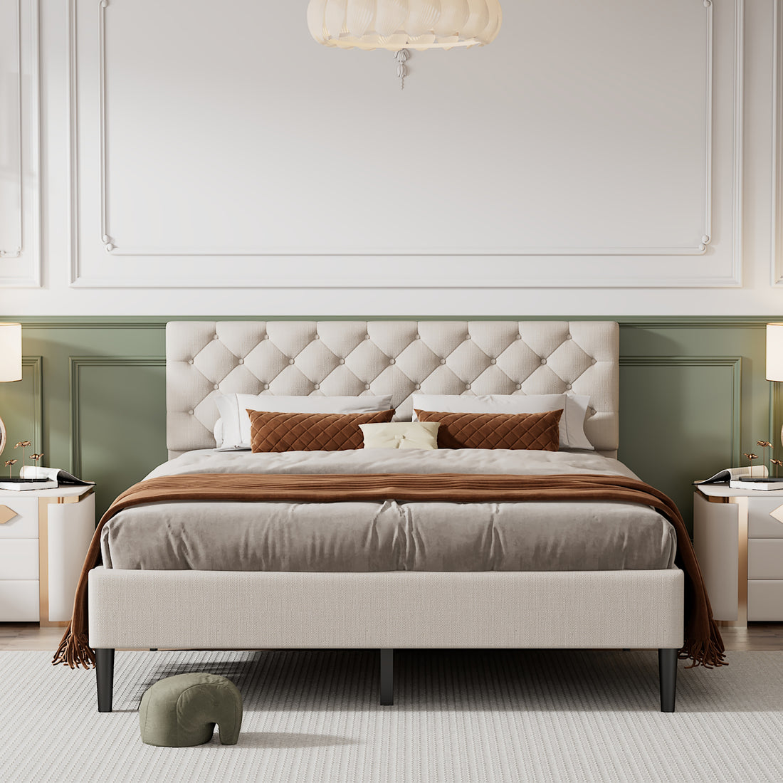 Upholstered Linen Platform Bed, Queen Size, Beige Beige Linen