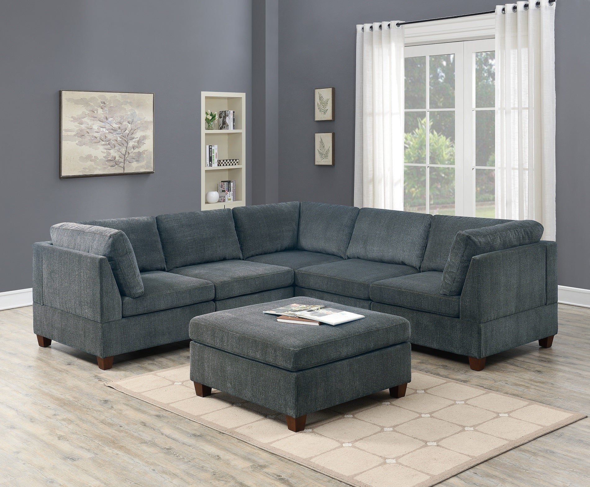 Living Room Furniture Grey Chenille Modular Sectional 6Pc Set Corner Sectional Modern Couch 3X Corner Wedge 2X Armless Chairs And 1X Ottoman Plywood Grey Chenille Wood Primary Living Space Cushion Back Contemporary,Modern Modular Chenille 6 Seat