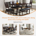 Farmhouse 6 Piece Wood Dining Table Set With 4 Upholstered Chairs And Bench, Dark Brown Brown Wood Dining Room Bench Seating Rubberwood Rectangular Dining Table With Chair And Bench Upholstered Chair Wood Dark Brown Solid Back Seats 6 Farmhouse Trestle