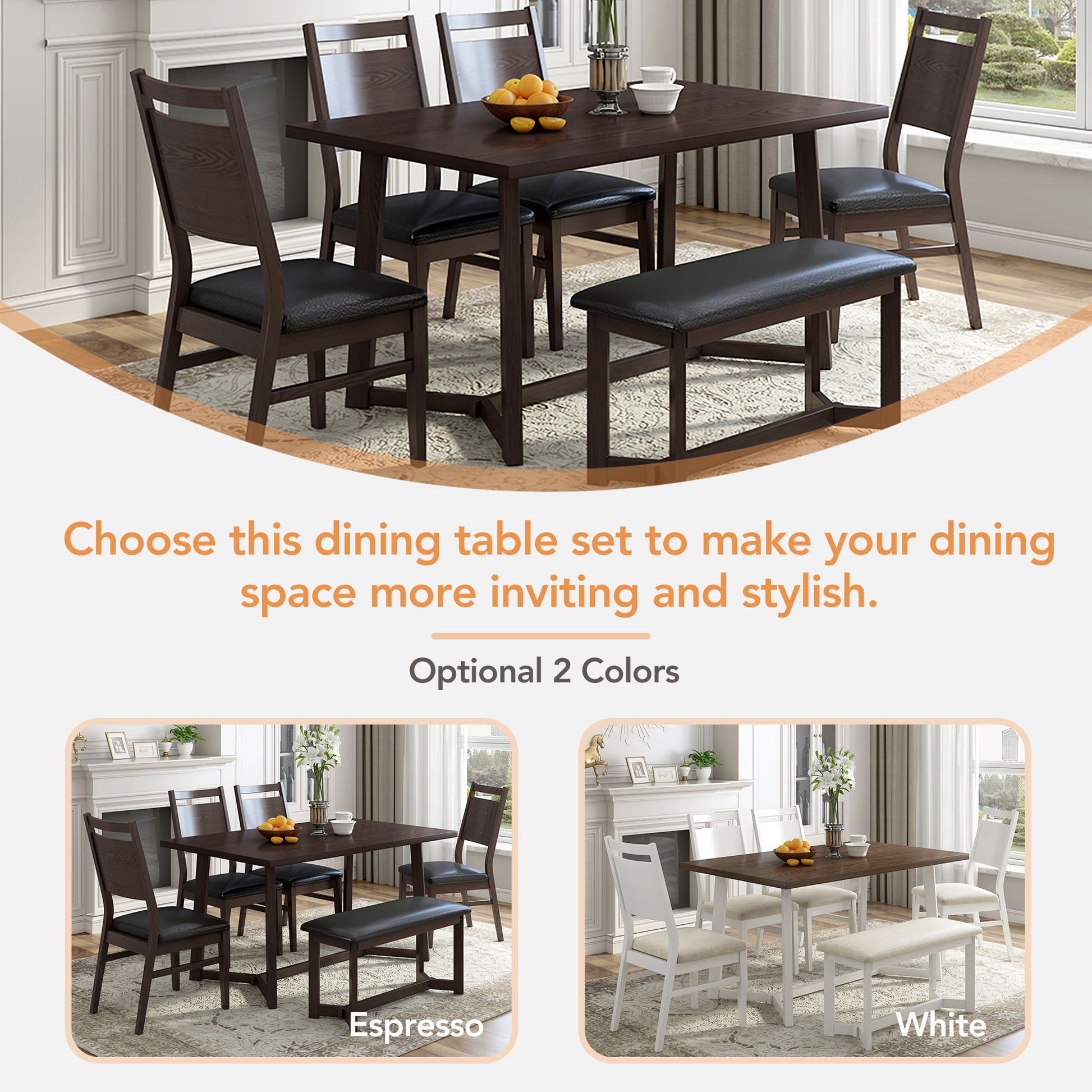 Farmhouse 6 Piece Wood Dining Table Set With 4 Upholstered Chairs And Bench, Dark Brown Brown Wood Dining Room Bench Seating Rubberwood Rectangular Dining Table With Chair And Bench Upholstered Chair Wood Dark Brown Solid Back Seats 6 Farmhouse Trestle