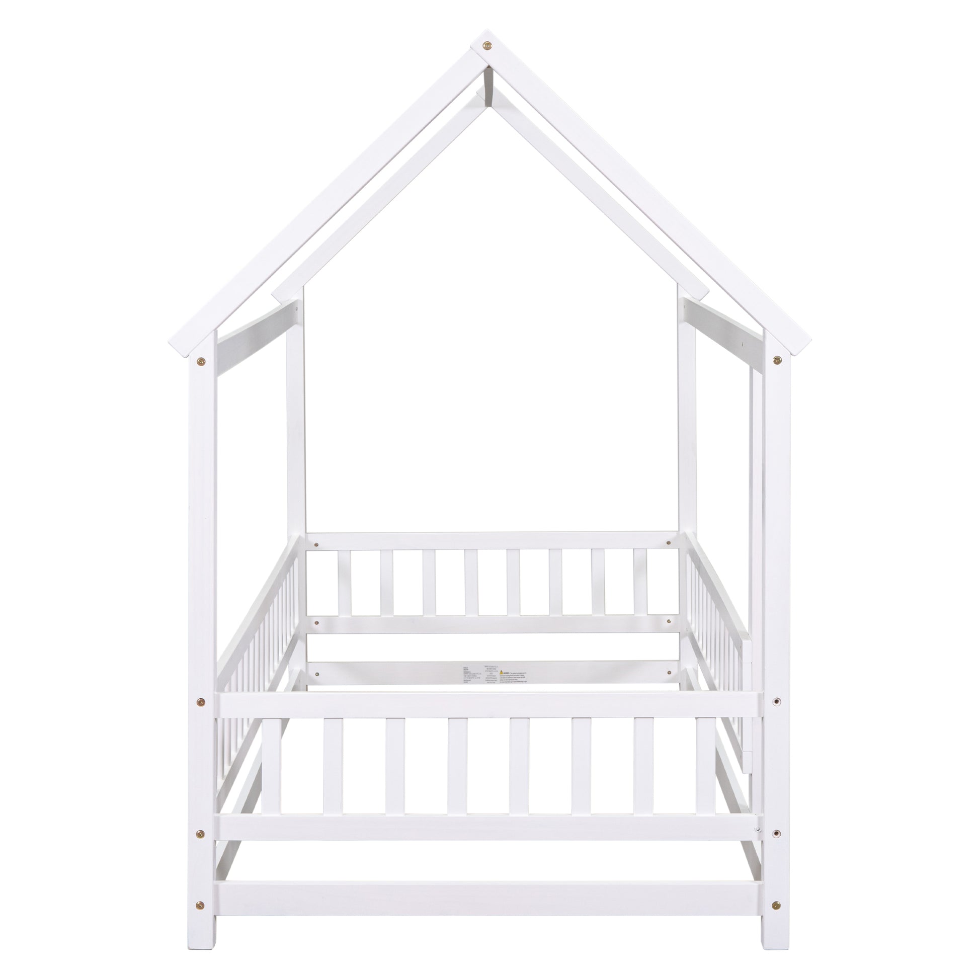 Twin Size Floor Wooden Bed With House Roof Frame, Fence Guardrails,White Old Sku:W1791106615 Twin White Pine