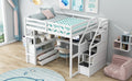 Full Size Loft Bed With Desk And Shelves, Two Built In Drawers, Storage Staircase, White White Pine