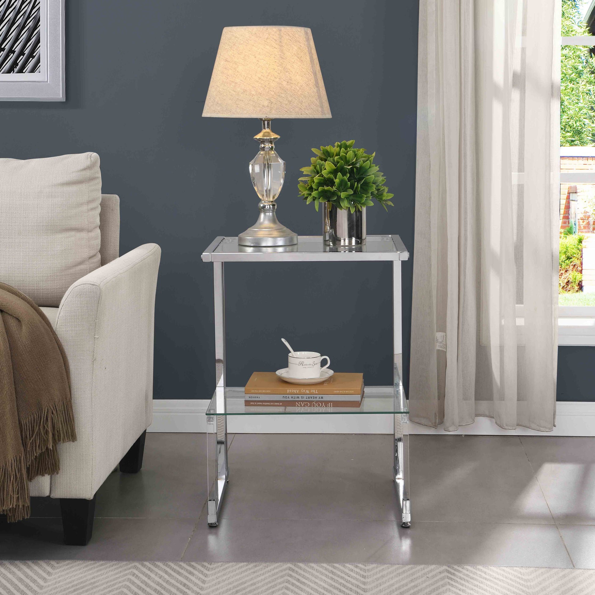 Silver Chrome Side Table, 2 Tier Acrylic Glass End Table For Living Room&Bedroom Chrome Glass Iron