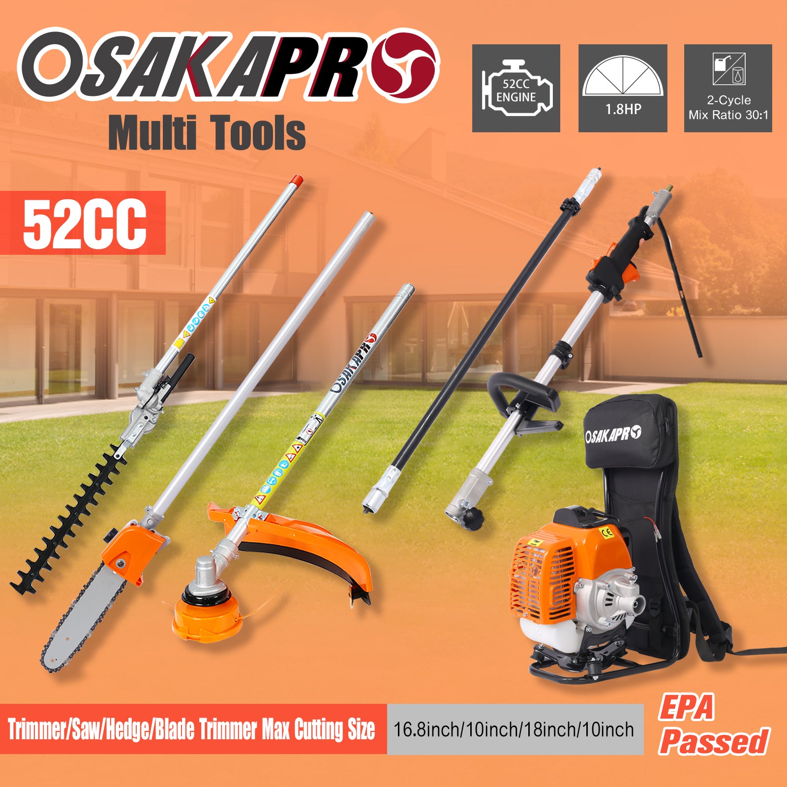 Backpack 4 In 1 Multi Functional Trimming Tool, 52Cc 2 Cycle Garden Tool System With Gas Pole Saw, Hedge Trimmer, Grass Trimmer, And Brush Cutter Epa Compliant Orange Plastic