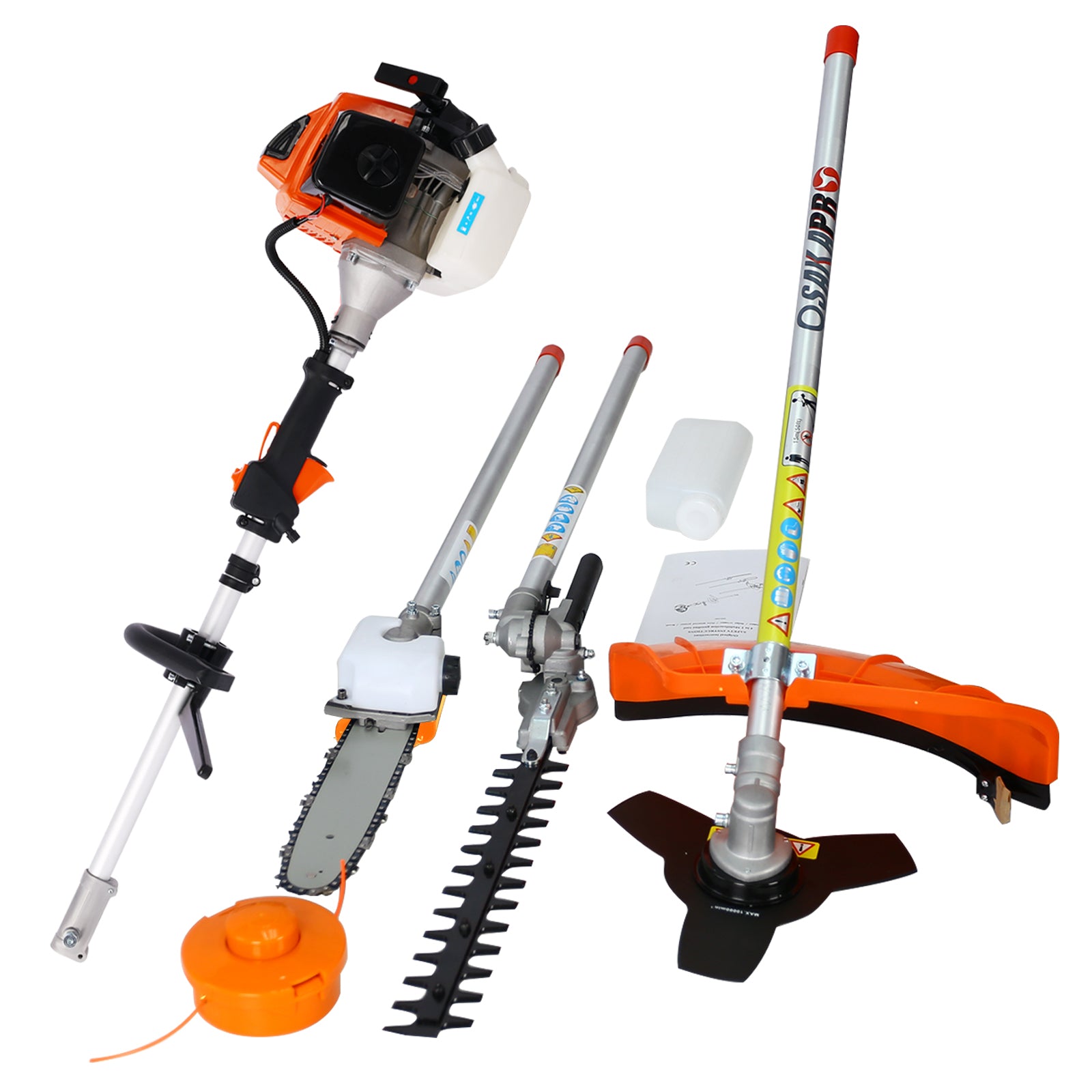 4 In 1 Multi Functional Trimming Tool, 63Cc 2 Cycle Garden Tool System With Gas Pole Saw, Hedge Trimmer, Grass Trimmer, And Brush Cutter Epa Compliant Orange Plastic