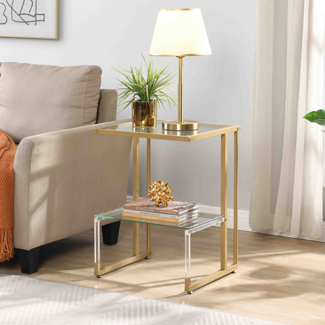 Golden Side Table, 2 Tier Acrylic Glass End Table For Living Room&Bedroom Gold Glass Iron