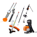 Backpack 4 In 1 Multi Functional Trimming Tool, 52Cc 2 Cycle Garden Tool System With Gas Pole Saw, Hedge Trimmer, Grass Trimmer, And Brush Cutter Epa Compliant Orange Plastic