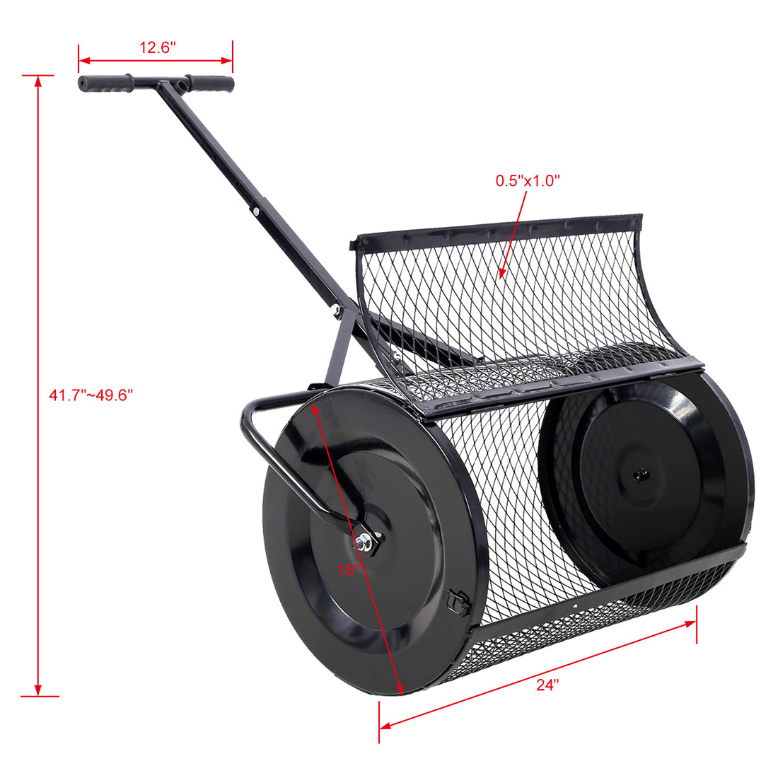 Peat Moss Spreader 24Inch,Compost Spreader Metal Mesh,T Shaped Handle For Planting Seeding,Lawn And Garden Care Manure Spreaders Roller ,Heavy Duty Black Steel