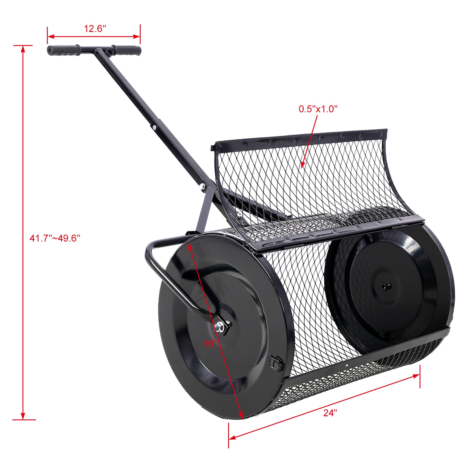 Peat Moss Spreader 24Inch,Compost Spreader Metal Mesh,T Shaped Handle For Planting Seeding,Lawn And Garden Care Manure Spreaders Roller ,Heavy Duty Black Steel
