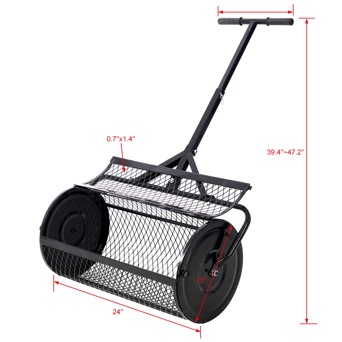 Peat Moss Spreader 24Inch,Compost Spreader Metal Mesh,T Shaped Handle For Planting Seeding,Lawn And Garden Care Manure Spreaders Roller ,Black Black Steel