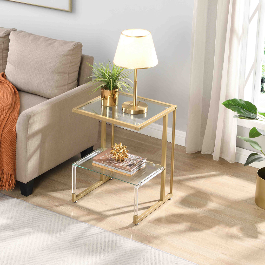 Golden Side Table, 2 Tier Acrylic Glass End Table For Living Room&Bedroom Gold Glass Iron