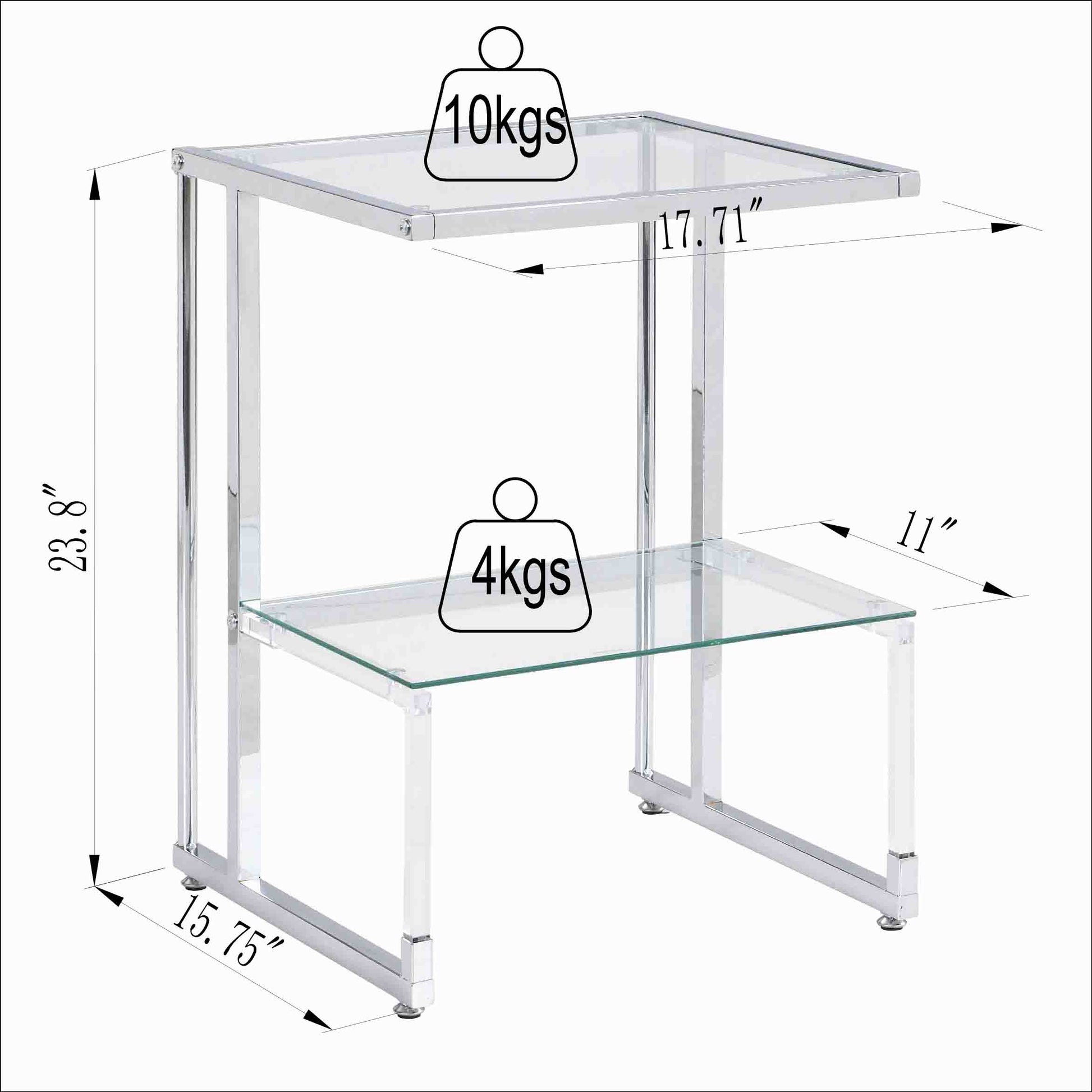 Silver Chrome Side Table, 2 Tier Acrylic Glass End Table For Living Room&Bedroom Chrome Glass Iron