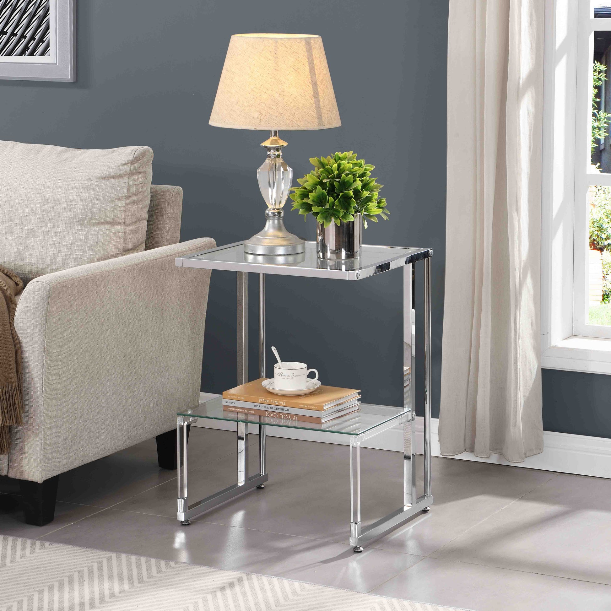 Silver Chrome Side Table, 2 Tier Acrylic Glass End Table For Living Room&Bedroom Chrome Glass Iron