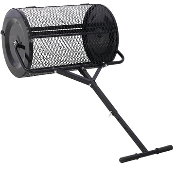 Peat Moss Spreader 24Inch,Compost Spreader Metal Mesh,T Shaped Handle For Planting Seeding,Lawn And Garden Care Manure Spreaders Roller,Heavy Duty Balck Black Steel