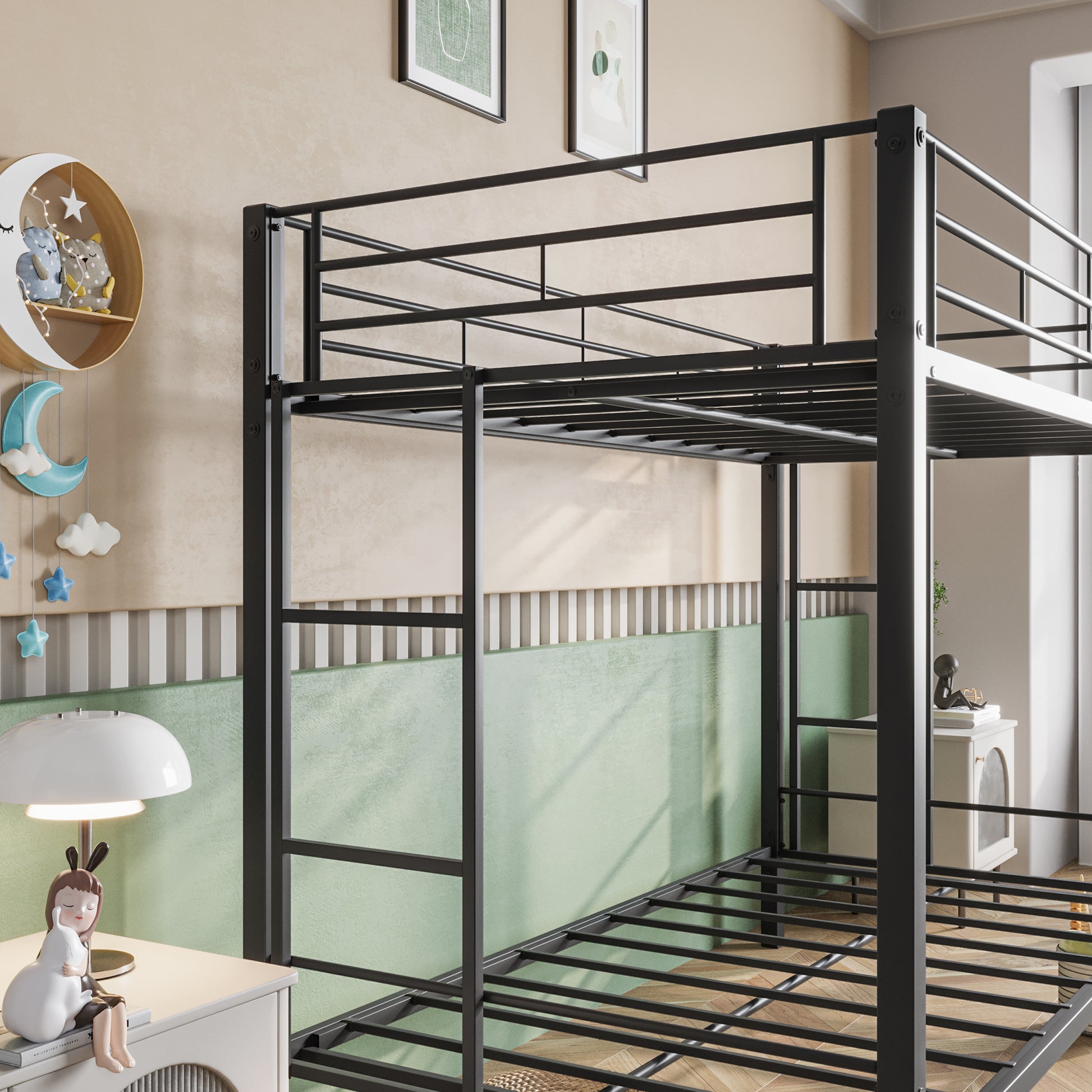 Metal Bunk Bed Twin Over Twin, Heavy Duty Twin Bunk Beds With Shelf And Slatted Support No Box Spring Needed Black Box Spring Not Required Twin Black Metal Bedroom Bunk Metal