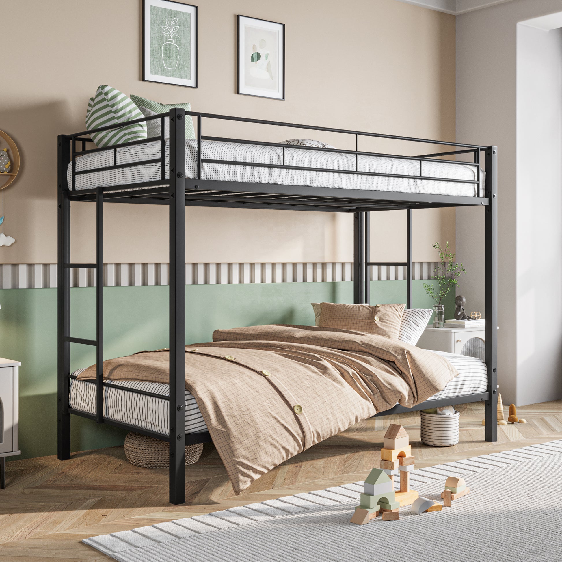 Metal Bunk Bed Twin Over Twin, Heavy Duty Twin Bunk Beds With Shelf And Slatted Support No Box Spring Needed Black Box Spring Not Required Twin Black Metal Bedroom Bunk Metal
