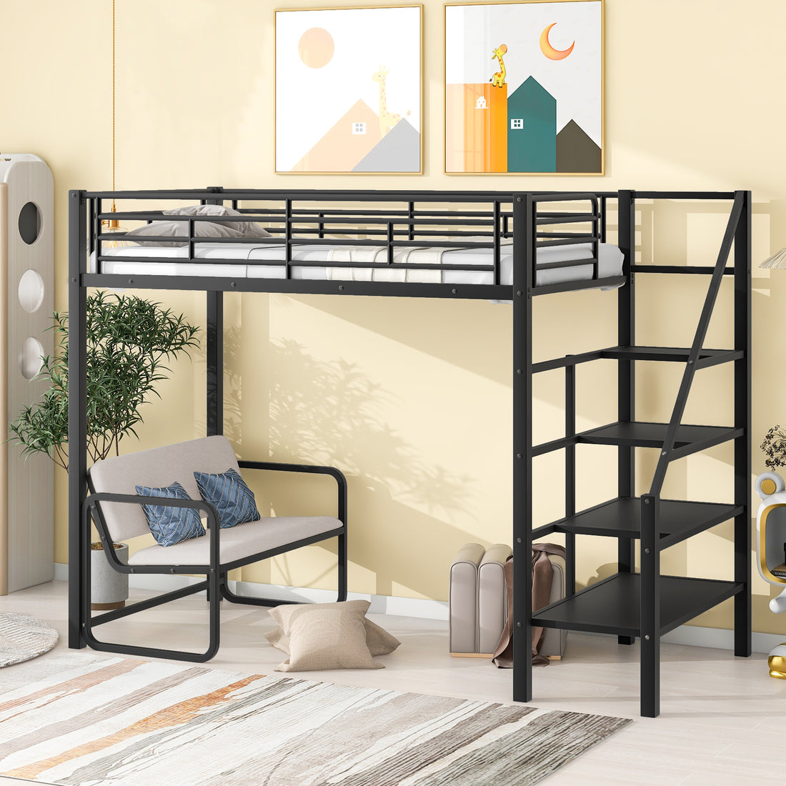 Twin Size Metal Loft Bed With Bench And Storage Staircase, Black Black Metal