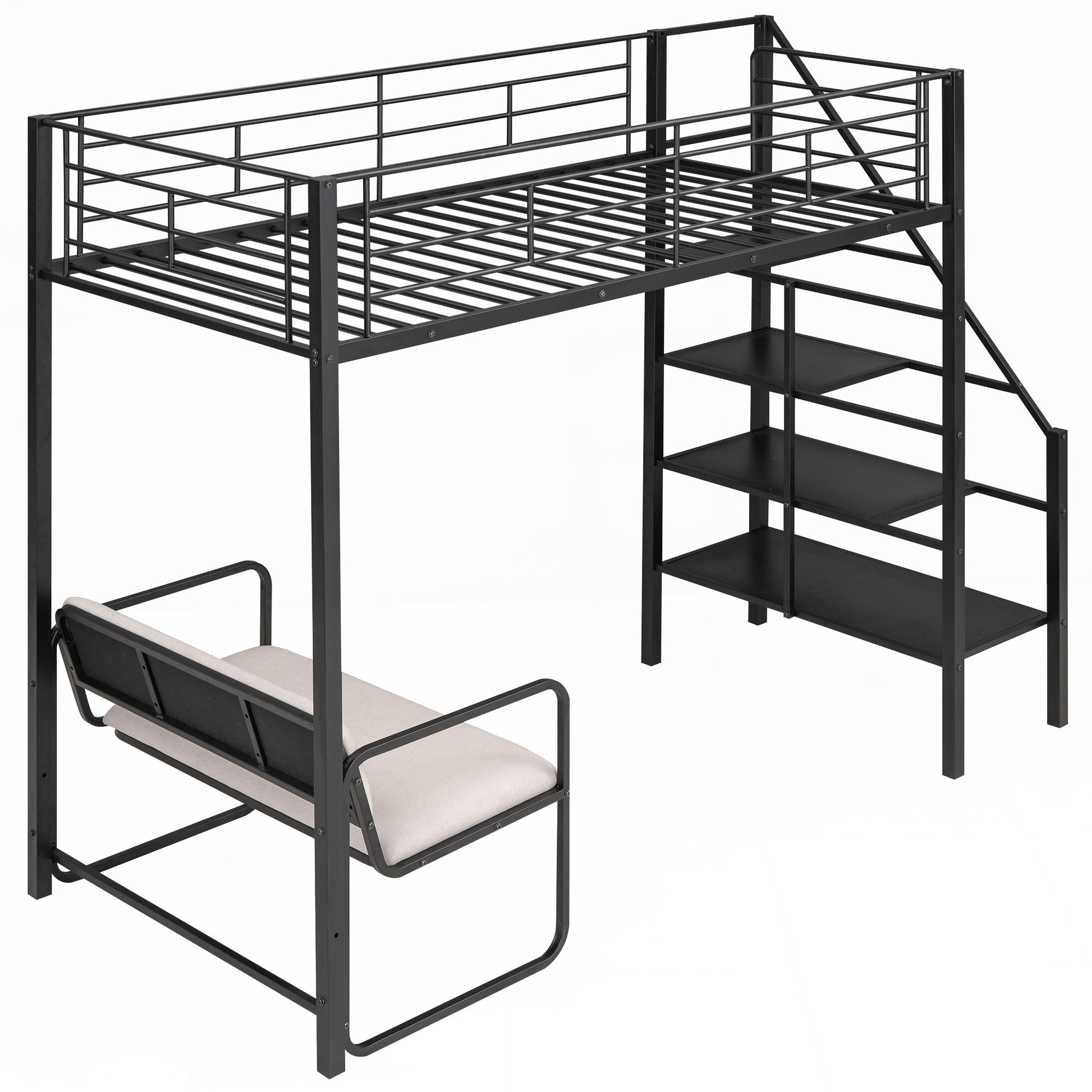 Twin Size Metal Loft Bed With Bench And Storage Staircase, Black Black Metal