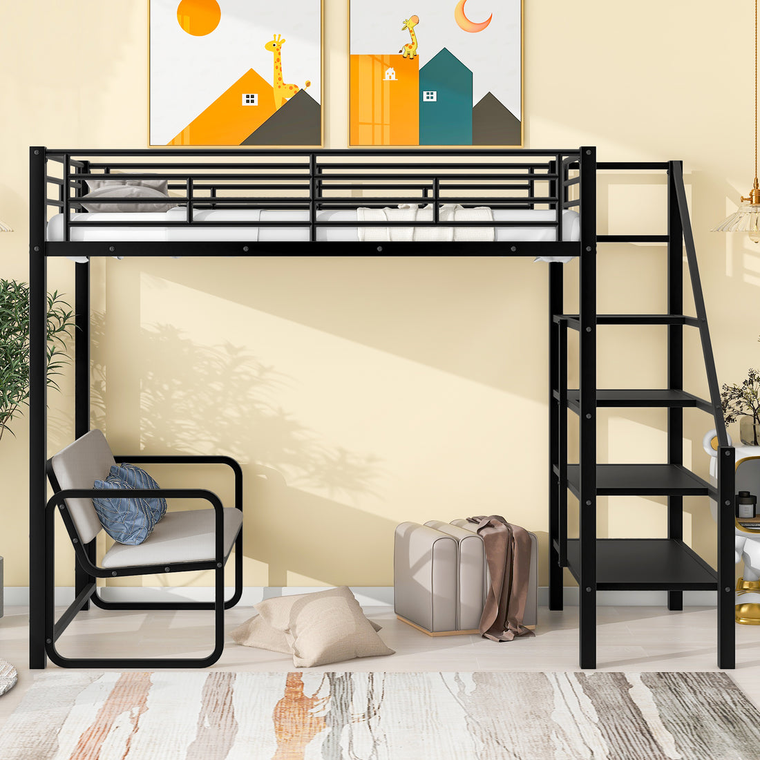 Twin Size Metal Loft Bed With Bench And Storage Staircase, Black Black Metal