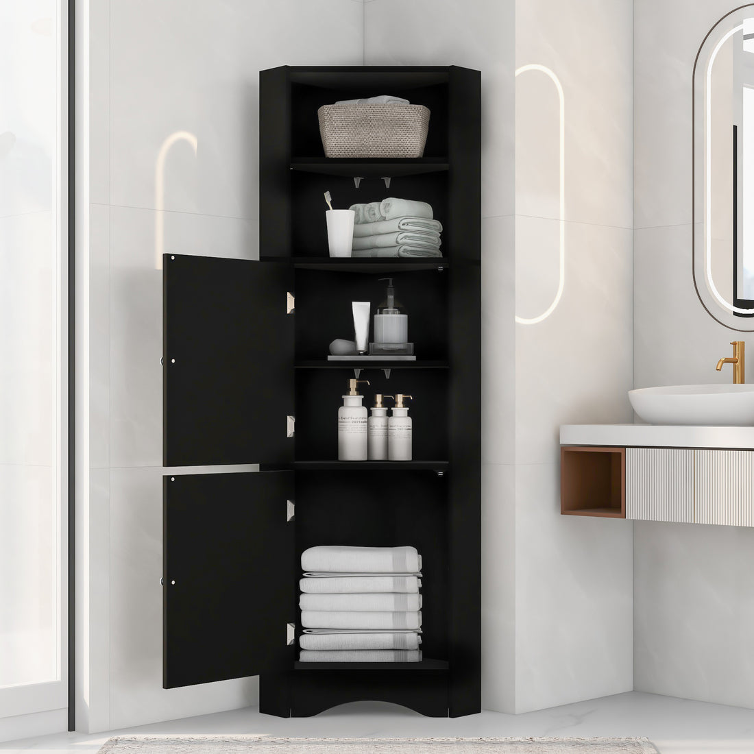 Tall Bathroom Corner Cabinet, Freestanding Storage Cabinet With Doors And Adjustable Shelves, Mdf Board, Black Black Mdf