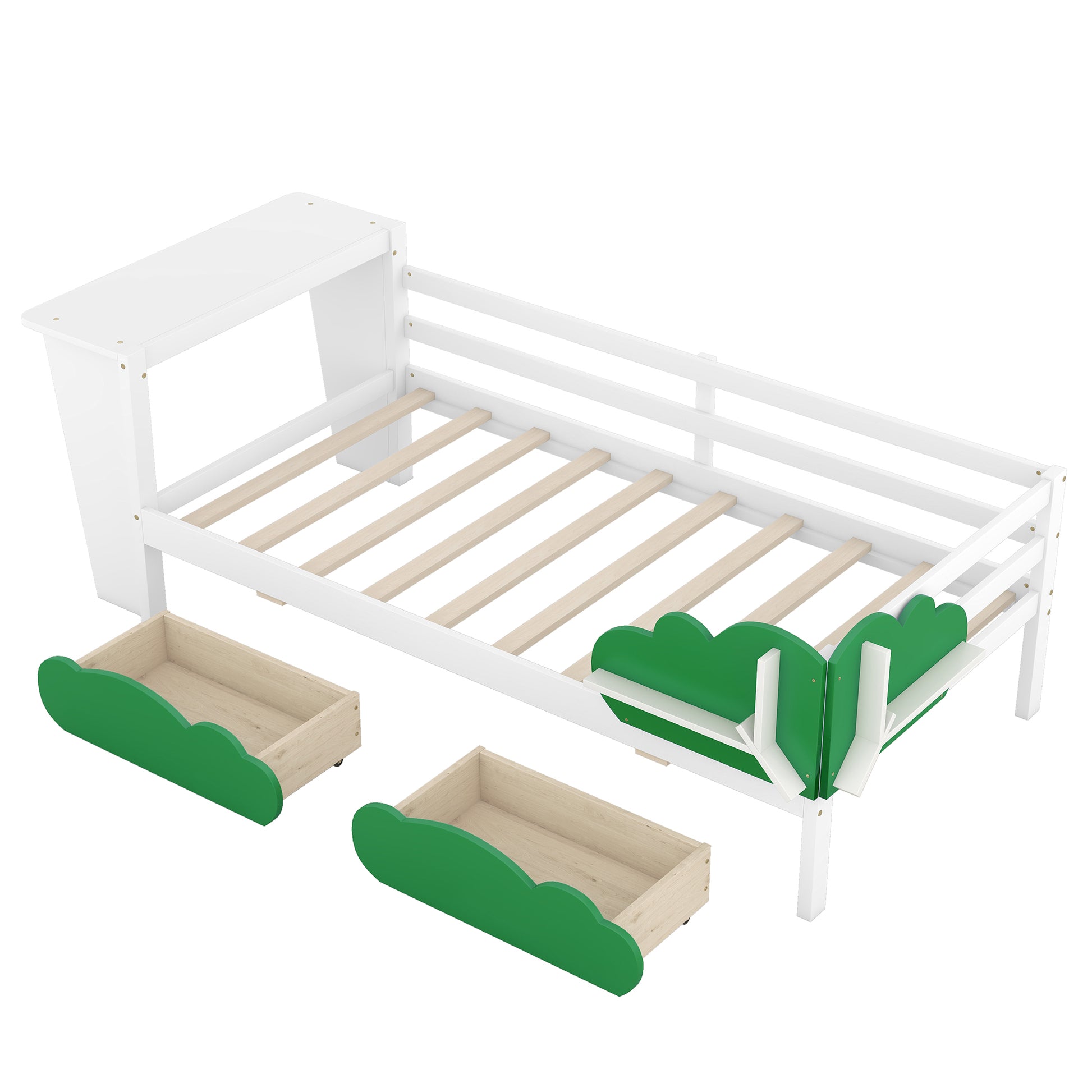 Twin Size Daybed With Desk, Green Leaf Shape Drawers And Shelves, White White Pine