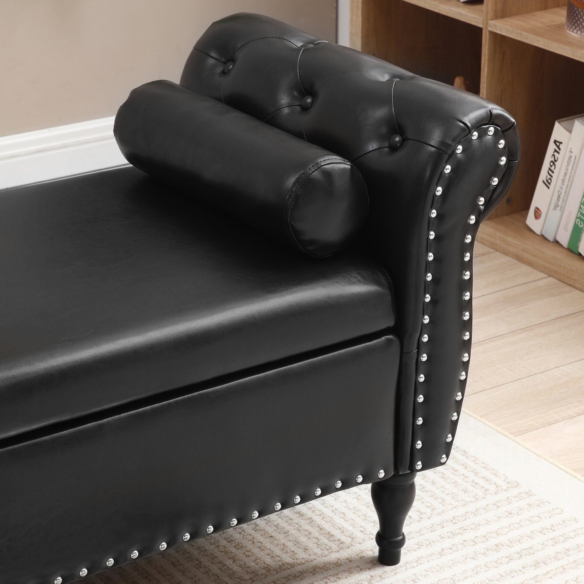 63" Pu Upholstered End Of Bed Bench Flip Top Entryway Ottoman With Safety Hinge Storage Rectangular Sofa Stool Buttons Tufted Trimmed Solid Wood Legs With 1 Pillow,Black Black Pu