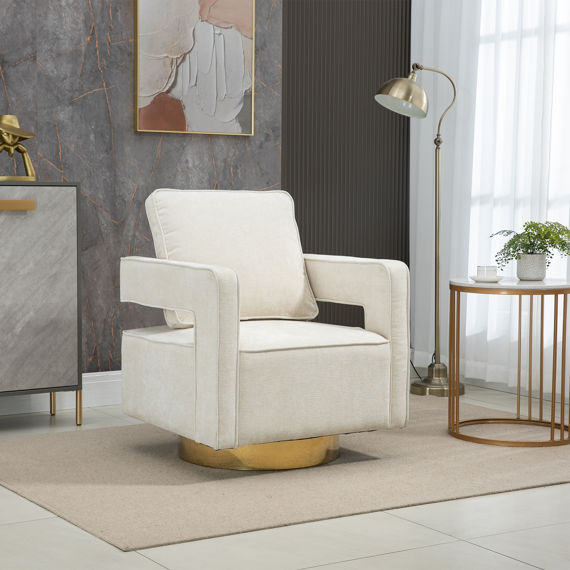 30.7"W Swivel Accent Open Back Chair Modern Comfy Sofa Chair With Gold Stainless Steel Base For Nursery Bedroom Living Room Hotel Office, Club Chair Leisure Arm Chair For Lounge Beige Chenille Beige