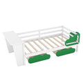 Twin Size Daybed With Desk, Green Leaf Shape Drawers And Shelves, White White Pine