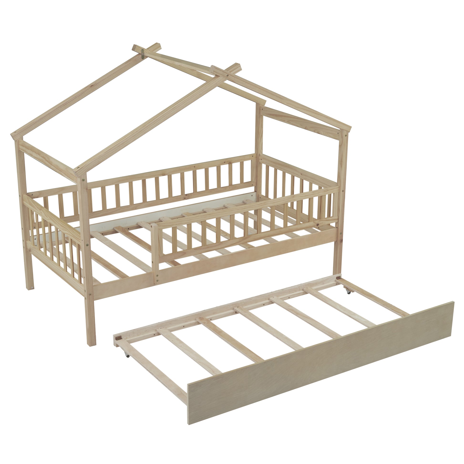 Twin Size Wooden House Bed With Twin Size Trundle, Natural Twin Natural Solid Wood Mdf