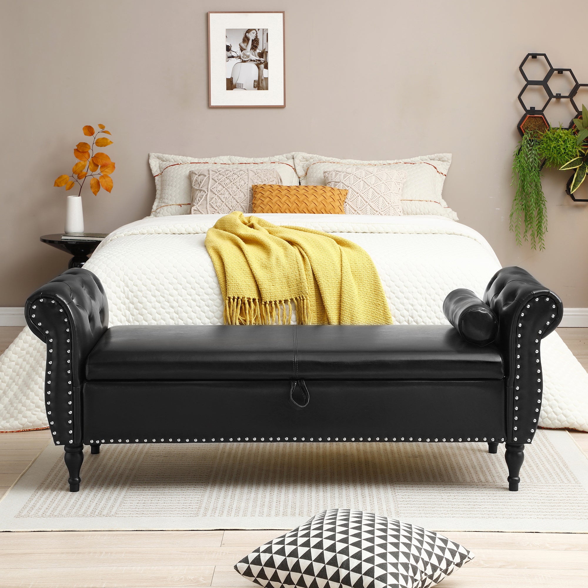 63" Pu Upholstered End Of Bed Bench Flip Top Entryway Ottoman With Safety Hinge Storage Rectangular Sofa Stool Buttons Tufted Trimmed Solid Wood Legs With 1 Pillow,Black Black Pu