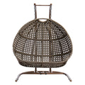 Double Seat Swing Chair With Stand And Cushion Brown Beige Cotton Rattan