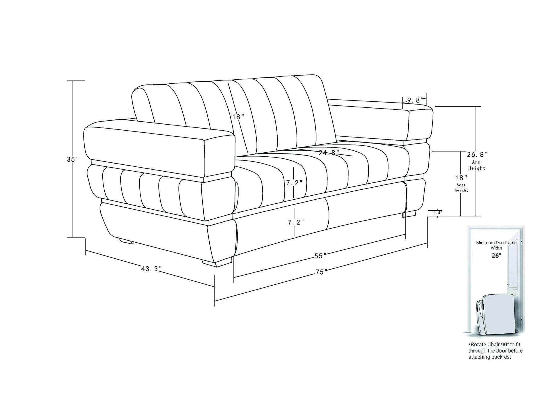 Top Grain Italian Leather Loveseat White Foam Leather