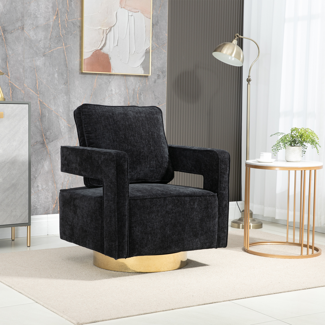 30.7"W Swivel Accent Open Back Chair Modern Comfy Sofa Chair With Gold Stainless Steel Base For Nursery Bedroom Living Room Hotel Office, Club Chair Leisure Arm Chair For Lounge Black Chenille Black