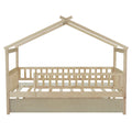 Twin Size Wooden House Bed With Twin Size Trundle, Natural Twin Natural Solid Wood Mdf