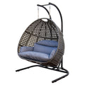 Double Seat Swing Chair With Stand And Cushion Black Blue Cotton Rattan
