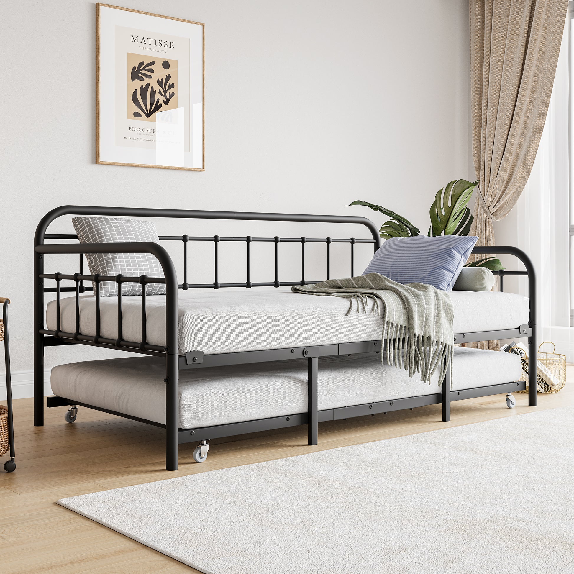 Twin Size Metal Daybed Frame With Trundle, Heavy Duty Steel Slat Support Sofa Bed Platform With Headboard, No Box Spring Needed, Black Box Spring Not Required Twin Black Metal Bedroom Metal