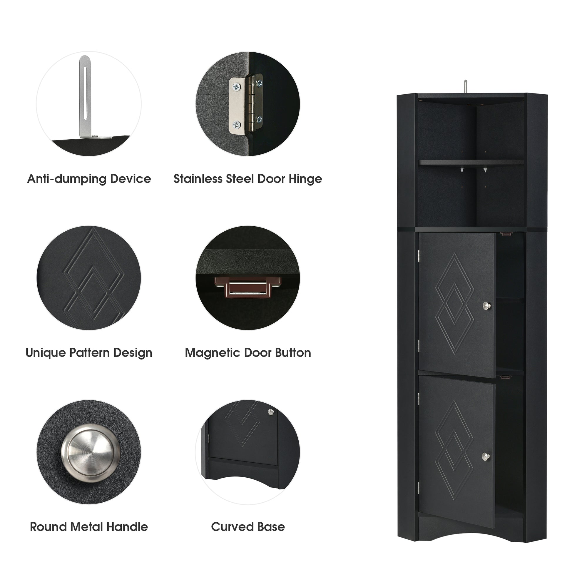 Tall Bathroom Corner Cabinet, Freestanding Storage Cabinet With Doors And Adjustable Shelves, Mdf Board, Black Black Mdf