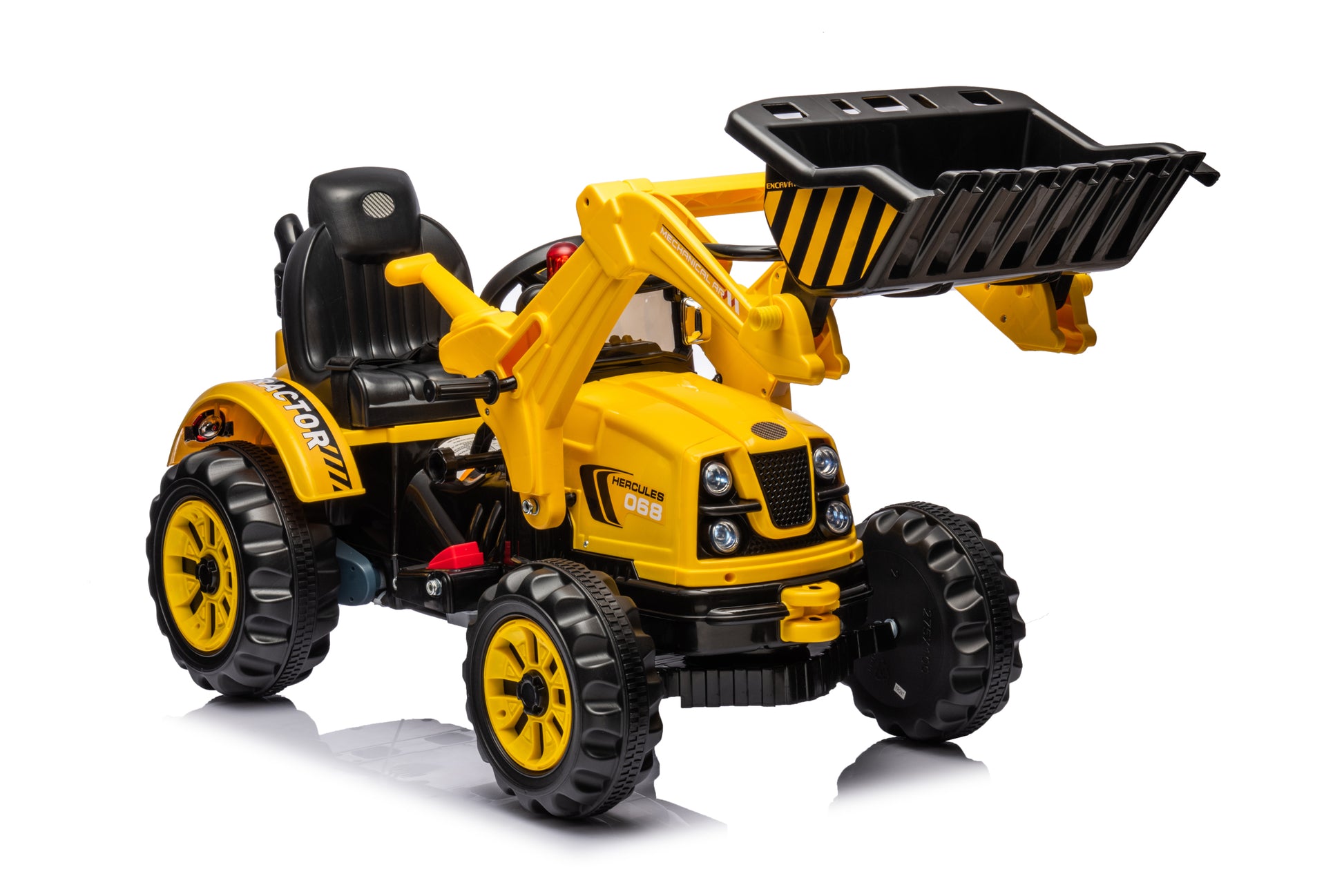 Ride On Excavator, 12V Battery Powered Construction Vehicles For Kids, Front Loader With Horn, 2 Speeds, Forward Backward, Safety Belt,Treaded Wheels, Digger, Yellow Ride On Car Yellow Plastic