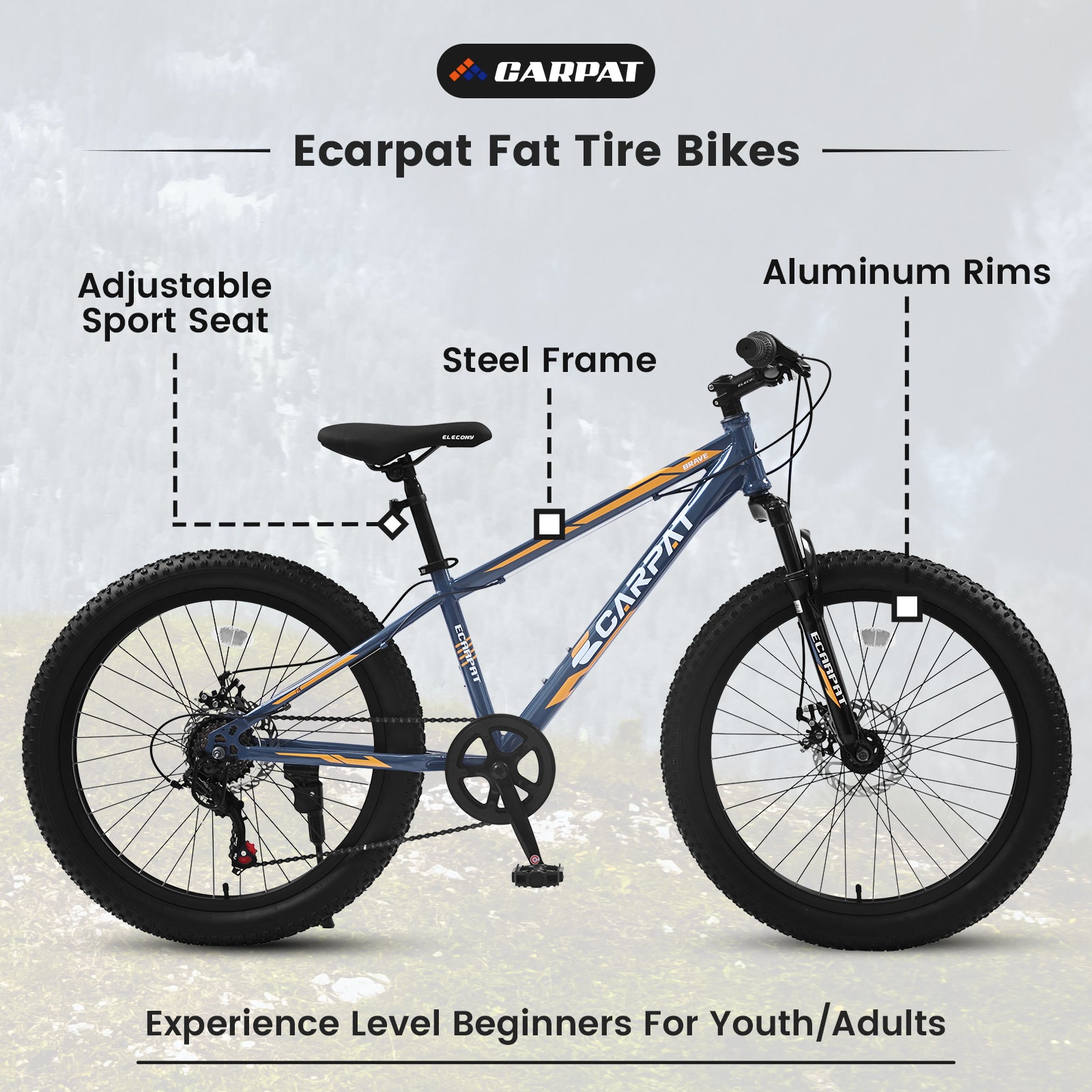 S24109 Elecony 24 Inch Fat Tire Bike Adult Youth Full Shimano 7 Speeds Mountain Bike, Dual Disc Brake, High Carbon Steel Frame, Front Suspension, Mountain Trail Bike, Urban Commuter City Bicycle Cycling Grey Without Anti Slip Garden & Outdoor American